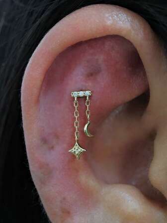 EleRunis 1 قطعة أقراط مسمار من الفضة الإسترليني عيار 925 بتصميم نجمة وقمر للثقب الغضروفي والحلقة، مجوهرات راقية للارتداء اليومي، حفلات الزفاف والخطوبة وعيد الحب