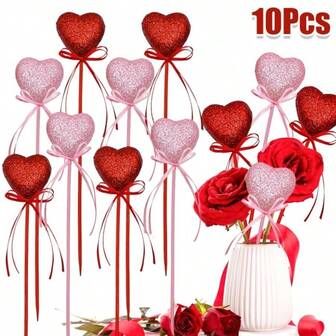 10pcs Glitter Foam Heart Picks, Suitable For Valentine's Day And Mother's Day, Shiny Red And Pink Heart Decor, Can Be Used For Decoration And Party Supplies, Mother's Day Decor | Create A Romantic Atmosphere | Fluffy Heart Decor, Suitable For Valentine's Day, Wedding Decoration And Flower Arrangement