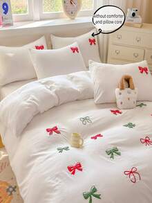 三件套白色卧室圣诞装饰图案镂空蝴蝶结刺绣被套套装，包含1个被套和2个枕套，超柔软透气时尚床上用品 - 白色 - 查看 1