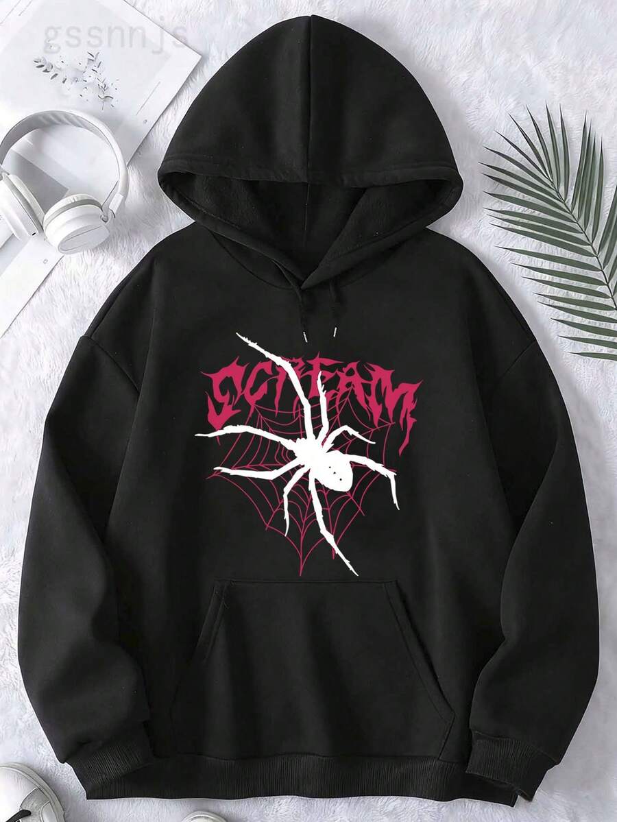 Men's Women's Spider Graphic Hooded Sweatshirt With Bold Red Print, Kangaroo Pocket & Adjustable Drawstring - Comfortable Casual Pullover, Regular Fit, Machine Washable, All-Season Wear, Spider Hoodie, Everyday Pullover, Spider Web Design, Durable - 黑色 11 - 查看 1