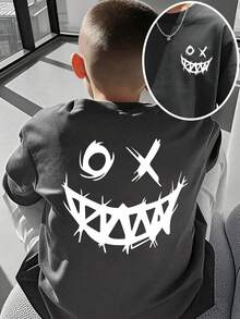 青少年男童休闲卡通图案圆领短袖T恤，夏季 - 深灰色 - 查看 10