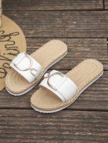 时尚D字金属装饰舒适轻便仿麻绳底编织鞋底女士低跟平底凉鞋，软底露趾拖鞋，白色凉鞋，白色拖鞋，适合日常室内/室外、海滩、度假，优雅沙滩人字拖，大码女鞋，沙滩必备单品 - 白色 - 查看 8