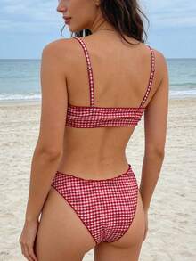 Women's Summer Solid Color Yellow Bikini Set Two Piece Swimsuit Adjustable Strap Beach Swimwear - Red - View 5