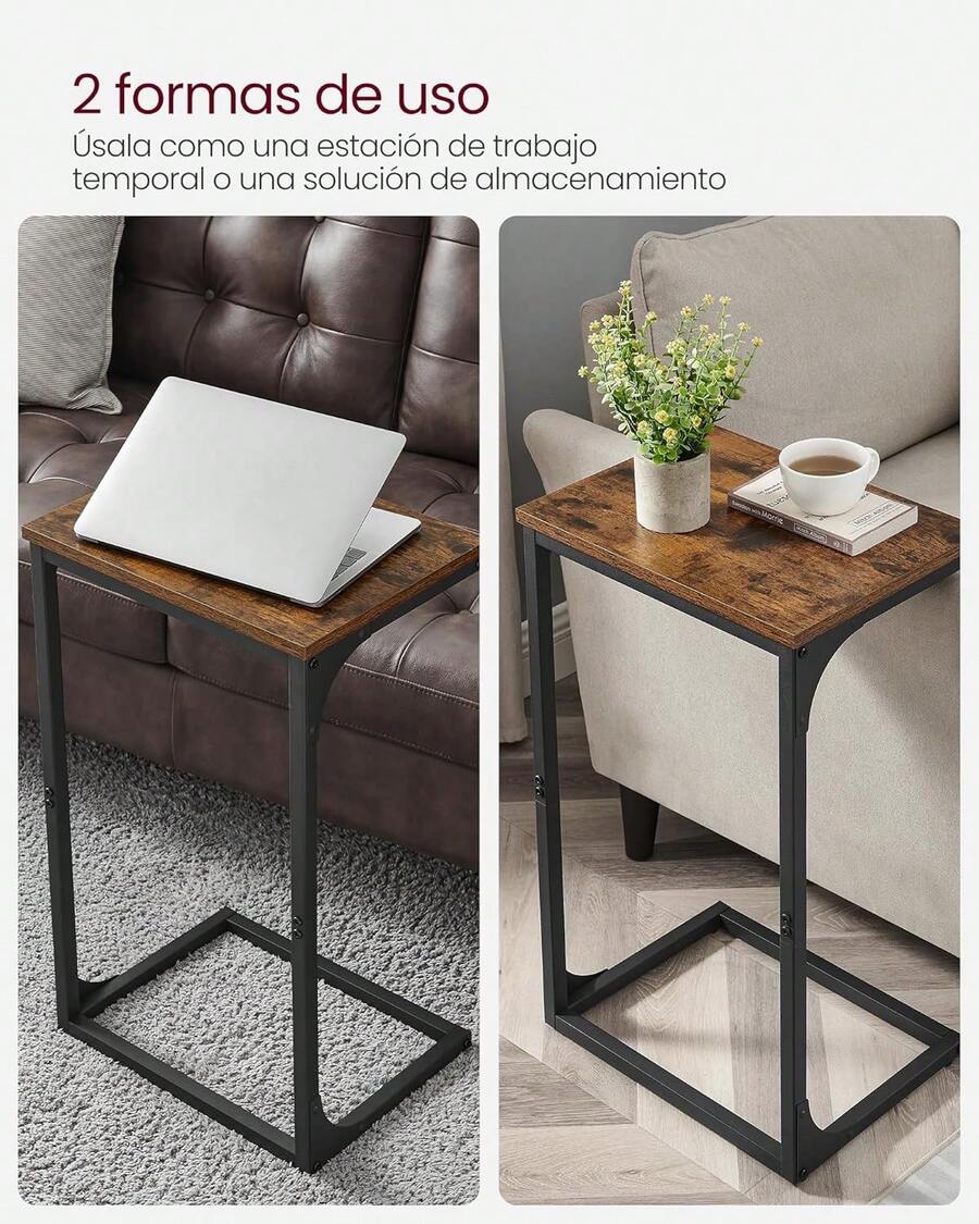 VASAGLE Mesa Auxiliar en Forma de C, Mesita de Noche, Marco de Metal, para Sala de Estar, Dormitorio, Marrón Rústico y Negro Tinta MLET353B01 - Grisáceo + negro. - Ver 1