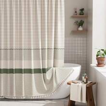 Boho Shower Curtain Modern Farmhouse Shower Curtain Set With Tassels Rustic Faux Linen Green Striped Shower Curtain With Hooks Light Tan Toned 72x72 Inches - 條紋藍 - 查看 7
