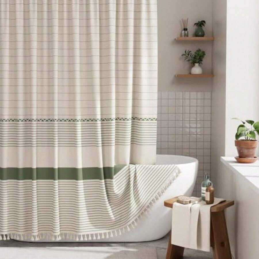 Boho Shower Curtain Modern Farmhouse Shower Curtain Set With Tassels Rustic Faux Linen Green Striped Shower Curtain With Hooks Light Tan Toned 72x72 Inches - 條紋鼠尾草綠 - 查看 1