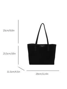 Bolso de hombro de gran capacidad con diseño de etiqueta de letra de unicolor de moda, estilo minimalista práctico para mujer - Negro - Ver 2