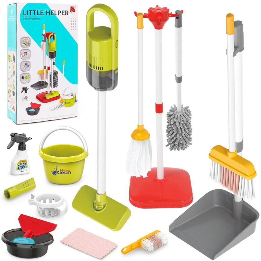 Pretend House Cleaning Vehicle Toy Set | With Vacuum Cleaner And Multi-Functional Cleaning Tools, Durable ABS Material, Realistic Cleaning Set Including Mop, Broom, Dustpan, Bucket, Suitable For Boys And Girls Aged 3-6, Educational Learning Toys