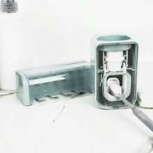 5 Slots Wall Mount Toothbrush Holder With Cover Self Adhesive Toothbrush Storage Organizer For Shower Toothbrush Hanger With Automatic Toothpaste Squeezer Dispenser - Blue Combination - 查看 3