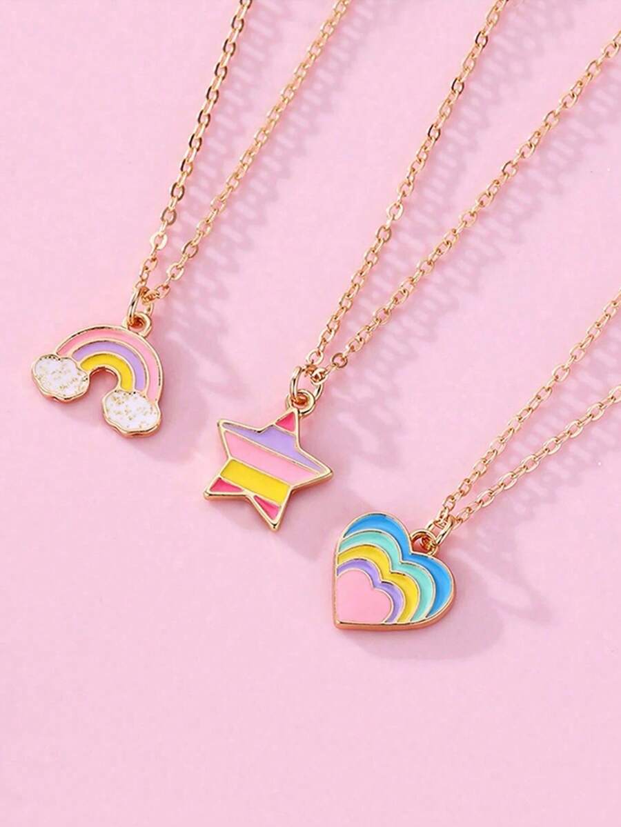 Set de 3 collares con colgante de corazón arcoíris y diseño de gota de aceite de aleación para niñas y adolescentes, cadena para la clavícula, joyería de regalo (sin cartón) - Multicolor - Ver 1