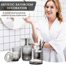 5-Piece Diamond-Cut Glass Bathroom Accessories Set, Includes Soap Dispenser, Soap Dish, Toothbrush Holder, Tumbler & Cotton Swab Jars, Modern Crystal Decor For Bathroom - Housewarming Gift - 透明漸變 - 查看 9