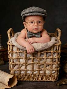 Set de fotografía vintage para recién nacidos - Sombrero + Gafas + Pajarita + Marco, adecuado para fotos de bebé niño/niña de 100 días, estilo Ins, sombrero y pajarita de caballero para bebé, celebración de 100 días/luna llena, mismo estilo que el bloguero - Multicolor - Ver 5