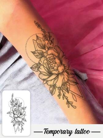 1 Sheet Black Ink Delicate Line Art Realistic Peony Flower Pattern For Parties, Weddings And Special Events, Floral Temporary Tattoo, Party Accessory, Nature Inspired Design Tattoo Stickers Last 3-5 Days
