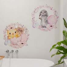 2 pezzi Adesivi da parete rimovibili in PVC con decorazioni floreali e coniglietti, adatti per decorare camera da letto, soggiorno, balcone e finestre per la Pasqua primaverile - Multicolore - Visualizzare 6
