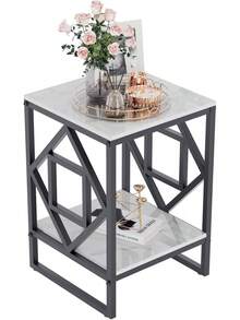 Wisfor Mesa Auxiliar Marmol Lateral para Sala Dorada Minimalista Blanca Negro de Noche para Recamara Cuadrada de 2 Niveles 40x40x58cm - Dorado - Ver 7