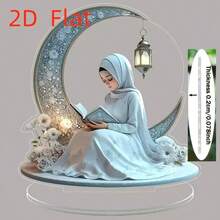 2D平面优雅亚克力斋月女孩雕塑 – 波西米亚风格透明桌面摆件，新月与花卉设计，是新年、生日和毕业礼物的完美之选。斋月装饰艺术工艺品，伊斯兰家居装饰 - 彩色 - 查看 4
