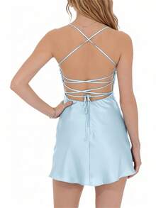 Womens Mini Cami Dress Casual A Line Stylish Sequin Design Backless Spaghetti Strap Dress For Spring/Summer - Sky Blue - View 2