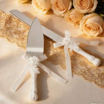 1 Set Cuchillo y espátula para pastel decorados a mano con encaje, cuchillo y espátula de acero inoxidable para fiestas de Navidad, suministros para bodas