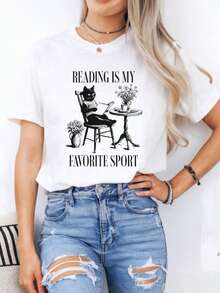 Reading Cat Short Sleeve Tee, Reading Is My Favorite Sport, Black Cat T-Shirt, Cat Mom Shirt, Bookwo - trắng - Xem 1