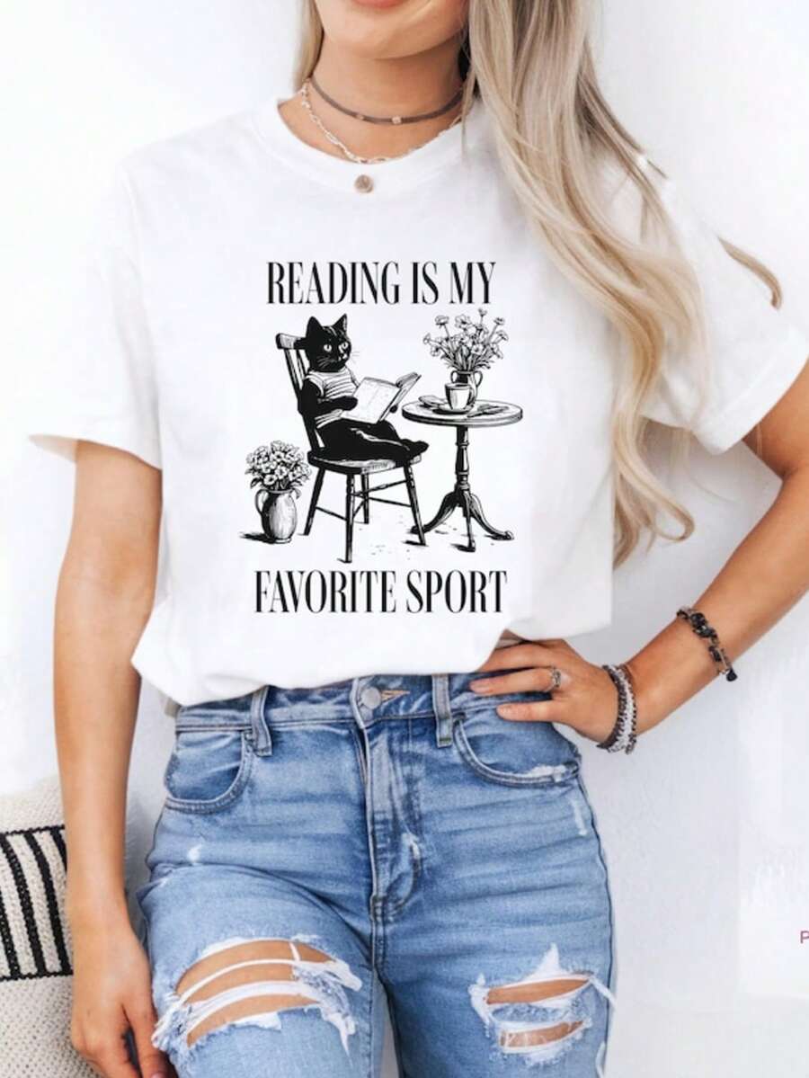 Reading Cat Short Sleeve Tee, Reading Is My Favorite Sport, Black Cat T-Shirt, Cat Mom Shirt, Bookwo - trắng - Xem 1