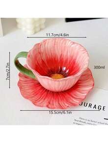 1 Set High-Quality Floral Ceramic Coffee Cup & Saucer Set, Home/Cafe One Cup One Saucer Afternoon Tea Cup, Latte Cup, Coffee Cup & Saucer Set, Valentine's Day Gift, Ramadan - Multicolor - View 15