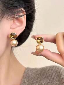 Topshiny 1 Pair Elegant Korean Champagne Pearl & Rhinestone Stud Earrings, Suitable For Daily Outfit And Party Accessories - 香檳3 - 查看 2