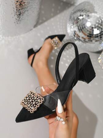 Nuevos zapatos de moda de primavera para mujer con puntera puntiaguda, tacón grueso con hebilla con strass, zapatos casuales y cómodos para boda