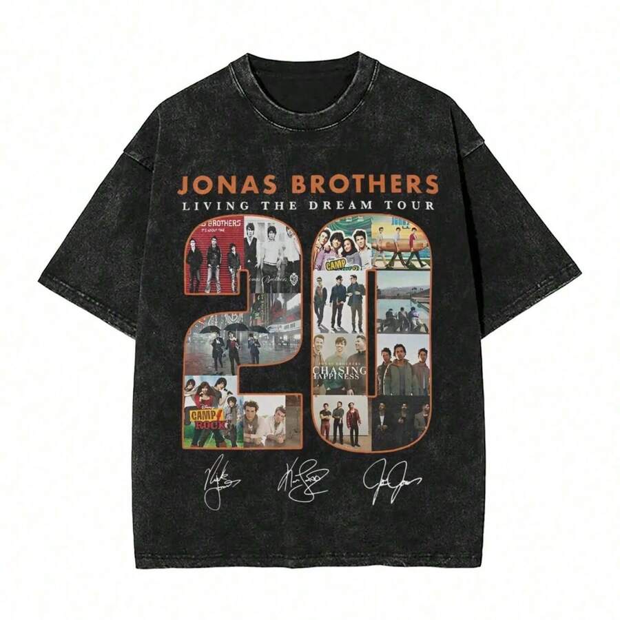 Harajuku Washed Shirts Jonas Brother Vintage Band Merch Novelty T-Shirts Harajuku Streetwear Short Sleeve Summer Tees - 黑色 - 查看 1