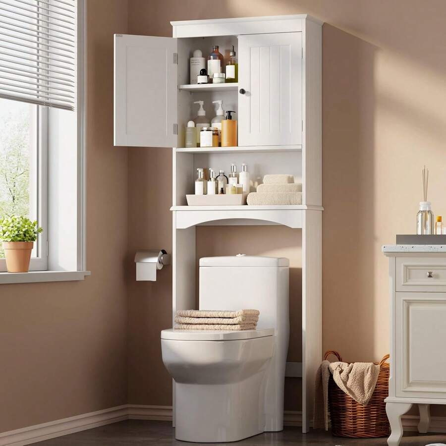 Over The Toilet Storage Cabinet With Adjustable Shelf And Double Doors, Bathroom Space Saver Organizer Above Toilet With Open Shelf, Taller Wooden Free Standing Toilet Rack -White - trắng - Xem 1