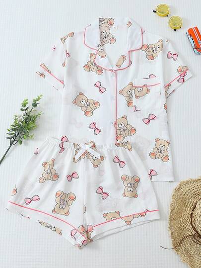 2 st bekväma nallebjörnstryck kortärmade pikétopp med krage, ficka och rosettshorts pyjamasset för kvinnor
