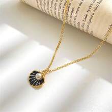 Seashell Pearl Pendant Necklace Gold Plated Boho Enamel Pink Blue Scallop Sea Shell Starfish Ocean Animal Chain Necklace For Women Hawaiian Summer Beach Holiday Fashion Jewelry Gifts - Black - 查看 4