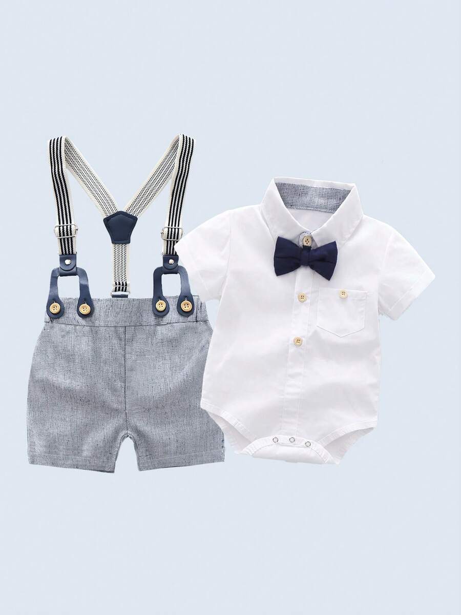 2 件套男婴绅士装 - 白色衬衫、灰色吊带裤搭配海军蓝领结，适合生日派对、婚礼、洗礼、1 岁生日