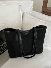 Bolso de hombro de gran capacidad con diseño de etiqueta de letra de unicolor de moda, estilo minimalista práctico para mujer - Negro - Ver 6