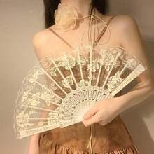 Elegant Lace Rose Folding Fan - Chinese Ancient Style Handheld Flower Pattern Fan, Black And White Rose Options, Compact 9.5-Inch Design, Suitable For Dance, Performance Or Decoration - White - View 2
