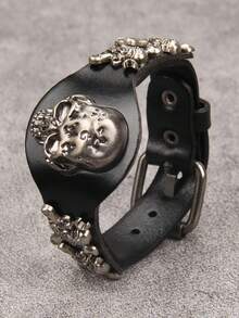 1pc Punk Skull Leather Bracelet, Adjustable Buckle Unisex Wristband For Daily Wear, Party Outfit, Couples, Gifts For Siblings