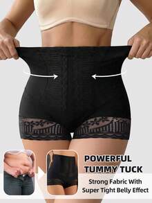 High Waist Snug Fit Panties, Lace Trim Decor, Compression Butt Lift, Breathable Beige, Elegant Shaping, Waist Shaping, Seamless Design, Lightweight & Comfortable, Daily Shapewear - Black - View 6