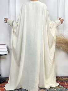 1pc Solid Color Satin Lantern Sleeve Dress, Zipper Front Shiny Long Robe Jumpsuit For Women - Beige - View 2