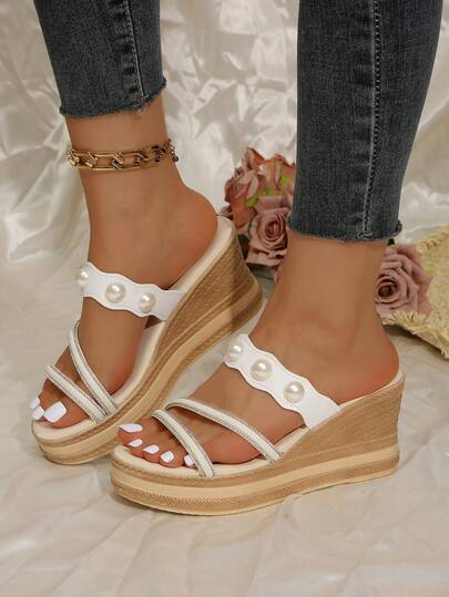 Summer/Autumn Fashion Versatile Women's Wedge Open Toe Rhinestone Embellished Slide Sandals, Sparkling Jewel Decor, Platform Adds Height & Style, Elevated Chic Look