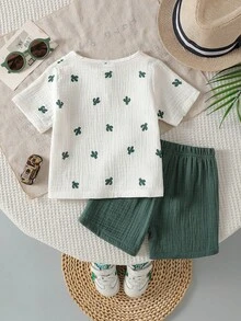 Baby Boy Summer Casual Crepe Crew Neck Snap Button Cactus Allover Print T-Shirt & Green Crepe Shorts Set - White - View 2