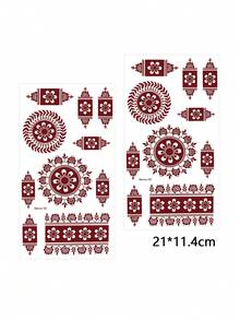 2pcs Red Henna Mandala Lace Pattern Temporary Tattoo Stickers, Waterproof Sweatproof, Easy To Remove, Suitable For Arms, Hands, Feet, Back, Neck, Eid Al-Adha, Festivals, Daily Parties, Gatherings