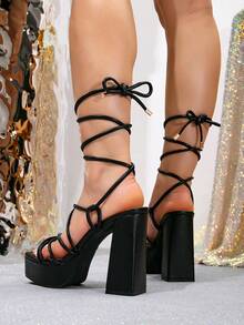 Giày sandal cao gót buộc dây màu trơn dành cho nữ, giày cao gót dự tiệc mùa xuân/hè với quai chéo, đế platform. - màu đen - Xem 5