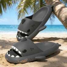 情侣鲨鱼图案拖鞋，厚底室内/室外家用浴室淋浴拖鞋，男士，夏季 - 深灰色 - 查看 3