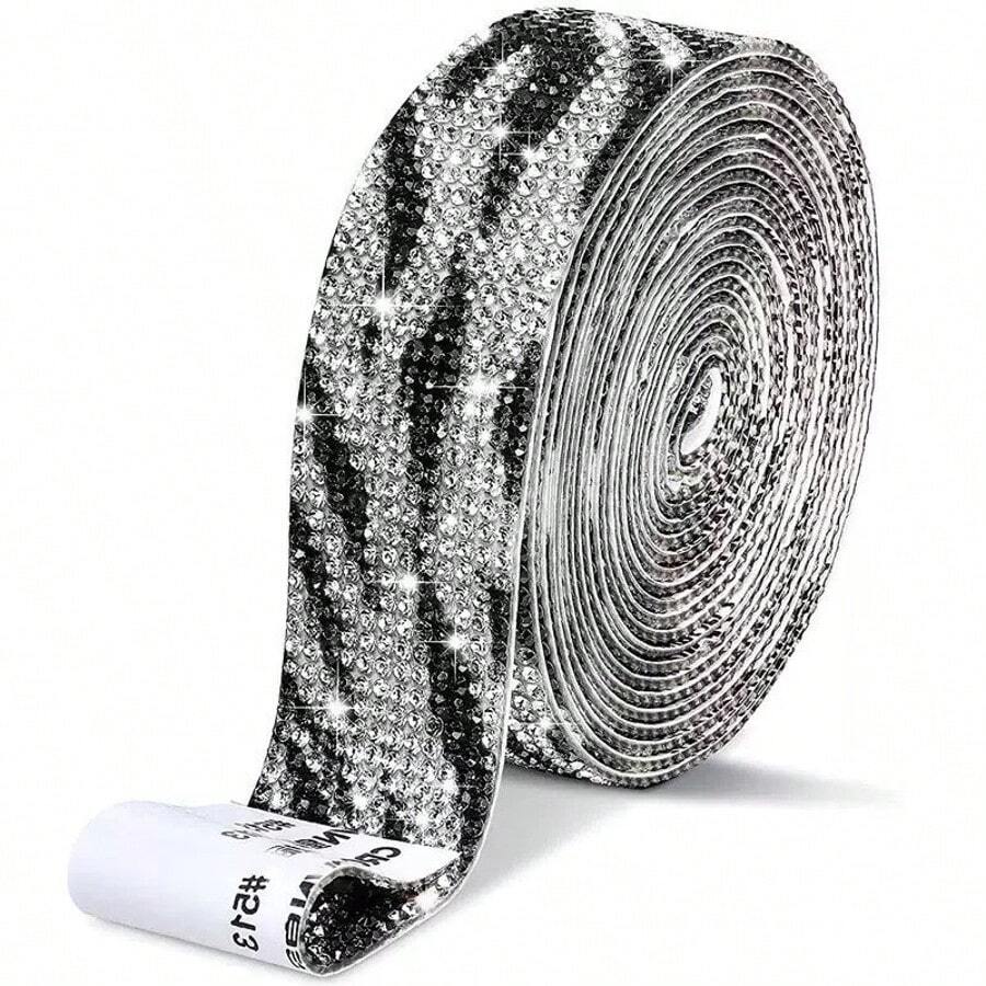 1 Rollo de cinta de cristal de rinoceronte autoadhesiva, tiras de rinoceronte autoadhesivas, pegatina de cinta brillante de diamante DIY, cinta adhesiva de rinoceronte, accesorio de decoración de rinoceronte para manualidades, teléfonos, decoración de automóviles - patrón de cebra blanco y negro - Ver 1