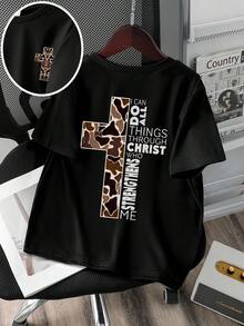 Tween Boy Cross & Letter Graphic Round Neck Short Sleeve T-Shirt - Black - View 3