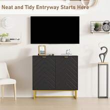 31.5 en Moderno Gabinete Buffet Sideboard con Almacenamiento, Gabinete de Almacenamiento de Acento de Madera con Puertas Dobles / 3 Puertas y Estante, Mesa de Consola Credenza para Comedor Entrada de la Sala de estar - Puertas dobles negras - Ver 3