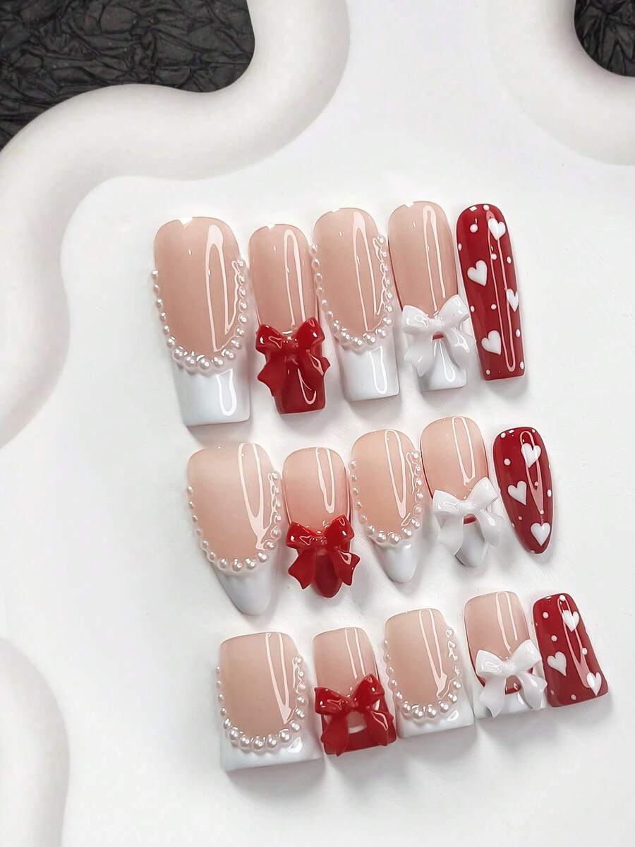 10pcs French Manicure Gel Nail Kit, Acrylic Press-On Nails, 3D Red & White Bow Nail Decor, White Rhinestone Trim Design, Hand-Painted Asymmetrical White Heart, Polka Dot Nail Art, White & Red Nail Polish Nail Supplies - Nhiều màu - Xem 1