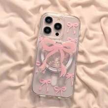 Fashionable New Pink Bow Magnetic Phone Case With Stand Suitable For IPhone 17 Pro Max, 16, 14 Plus, 13, 12, Acrylic Camera Hole, Transparent Magnetic Protective Cover - Pink - View 1
