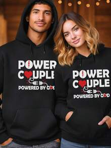 Pareja estilo dos piezas manga larga sudadera con capucha hombre y mujer pareja pareja fechas festivas desgaste casual abrigos grandes bolsillos tirantes sudadera con capucha top - Negro de mujer + Negro de hombre - Ver 1