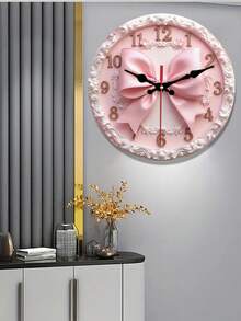 Rosa Schleife Holz Wanduhr, geeignet für Wohnzimmer, Schlafzimmer, Esszimmer, Arbeitszimmer, Büro, Küche, Café, Restaurant und Boutique Dekoration, verziert mit elegantem Blumenmuster und weißem luxuriösem Rahmen - Verschiedenfarbig - Übersicht 2