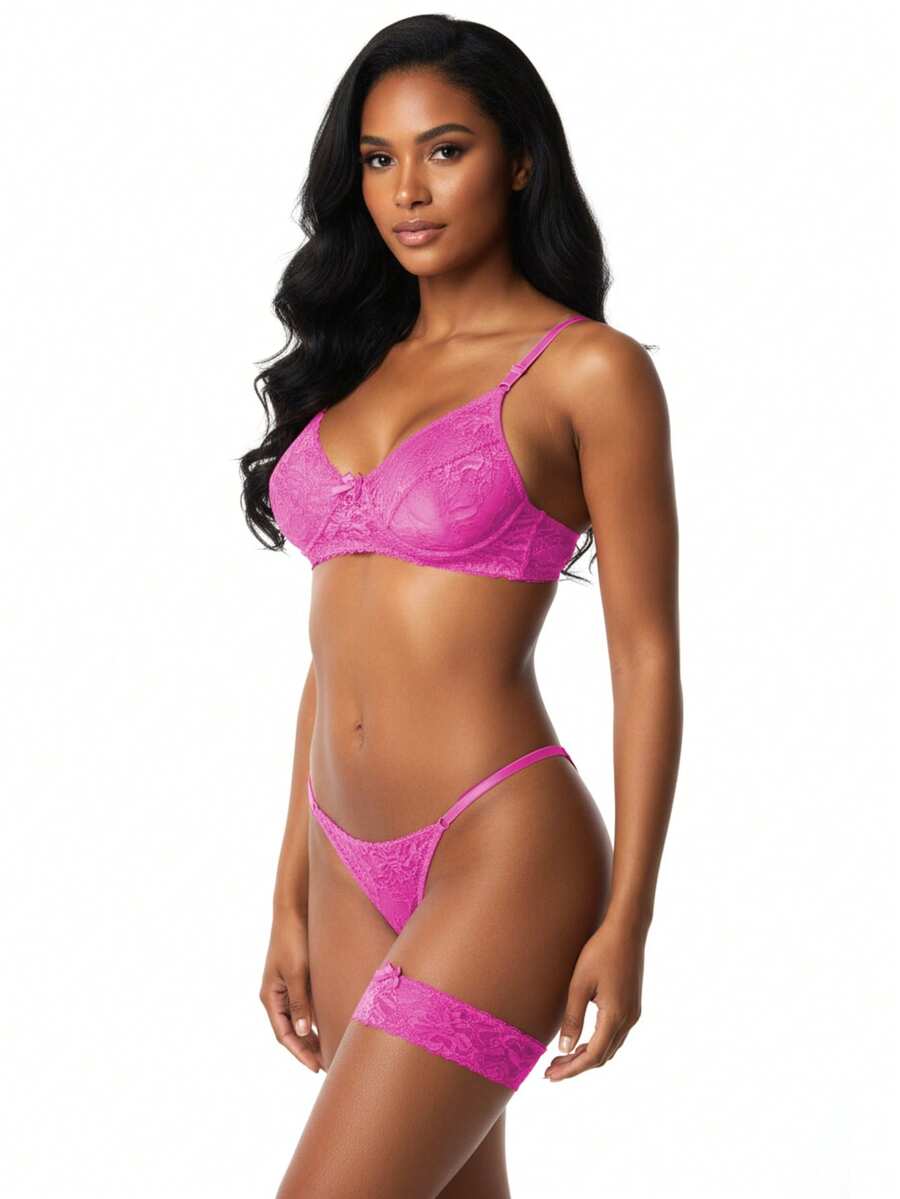 Conjunto Lingerie Perneira Sexy Feminina Sensual Sutiã Calcinha Perneira CJLPS016  Renda    Nó borboleta - Rosa chiclete - Visão 1